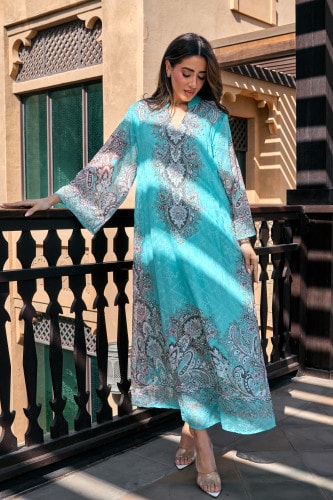 Floral Pattern Printed Embroidered Jalabiya IK4011