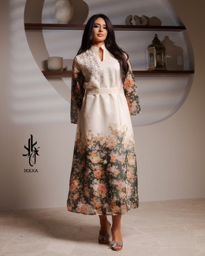 Floral Belted Embroidery Jalabiya IK2019