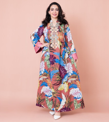 Embroidered Leaf Blossom Jalabiya IK1031 Peach