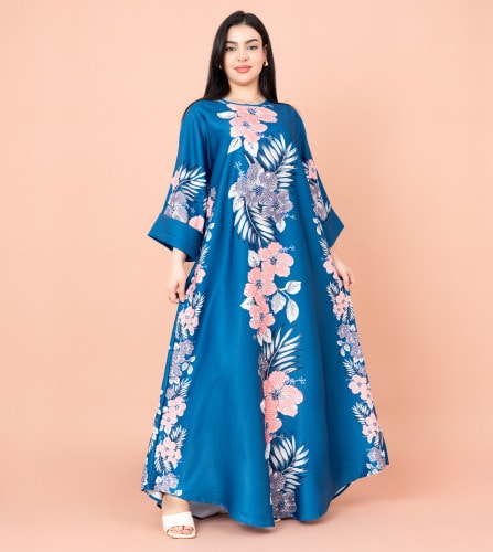 Floral Printed Long Gown Fustan IKF1016 Blue
