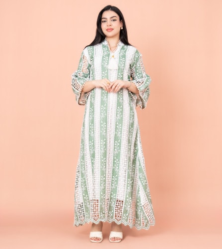 Embroidered Green Striped Fustan IKF1017 Green