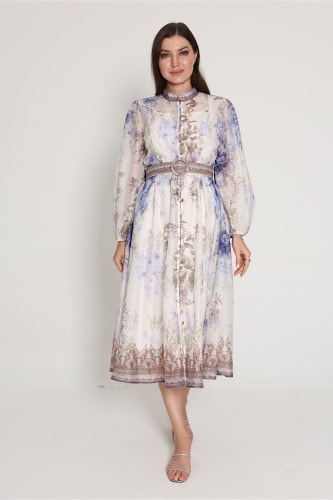 Belted Flower Pattern Mid Length Dress IK6014 Blue