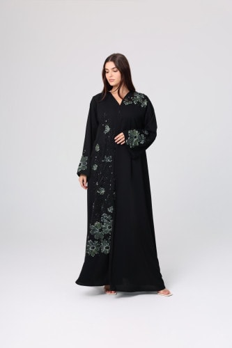 Beaded Green Floral Embroidery Abaya ABY1124