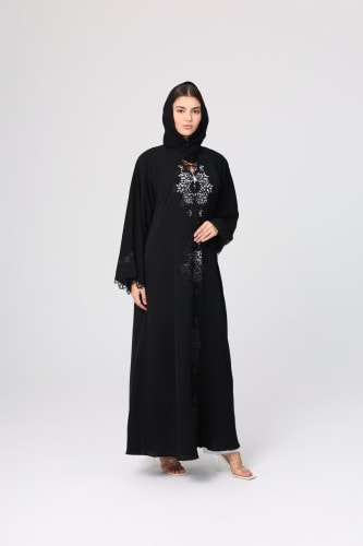 Floral Cut Front Abaya Crystal Details ABY1130