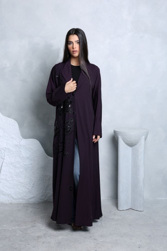 Black Crystal Embroidery Purple Abaya ABY1145