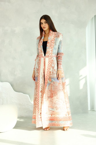 Colorful Printed Light Colors Mid Belted Abaya ABY1180 Multicolor