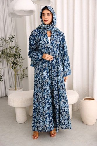Beautiful Floral Gardens Prints Abaya Blue ABY1217 Blue