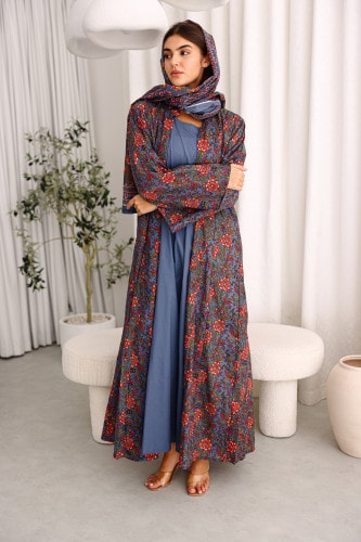 Beautiful Orange Flowers Prints Abaya Blue ABY1218 Blue