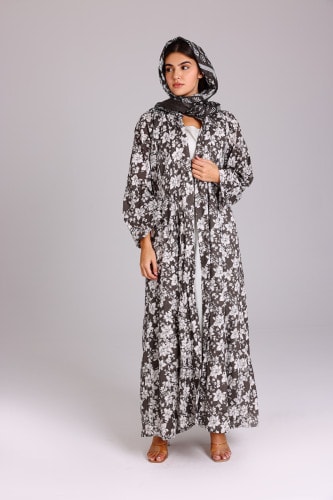 Beautiful Floral Prints Design Abaya Grey ABY1219 Grey