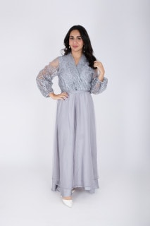Chiffon Layered Dress Applique Design IK1058 Grey image