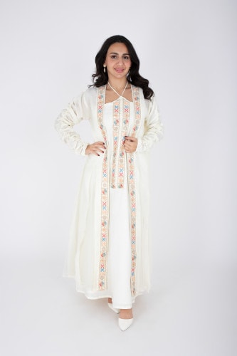 Elegant 2 piece outfit with colorful embroidery IN9156 Beige