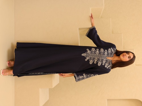 Solid Casual Jalabiya Embroidery Details on Front and Sides IK4023 Blue