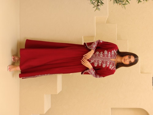 Solid Casual Jalabiya Embroidery Details on Front and Sides IK4023 Red