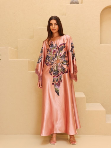 Elegant Shimmer Fabric Big Flower Colorful Design Modern Sleeves IK1049 Peach