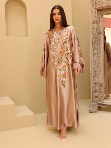 Elegant Shimmer Fabric Big Flower Colorful Design Modern Sleeves IK1049 Brown