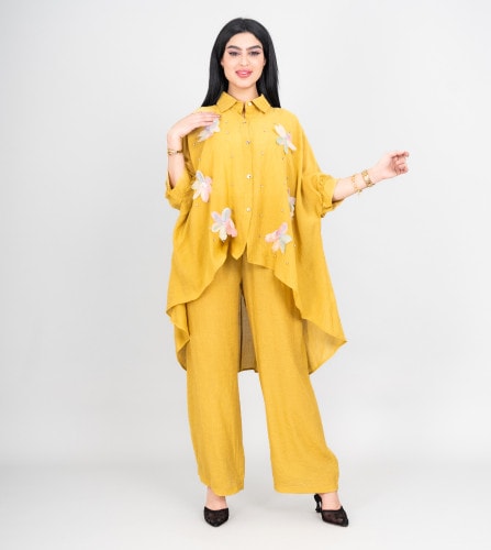 Modern Two-Piece Outfit Oversize Shirt and Pants Crystal Embroidery Details IK477 Yellow