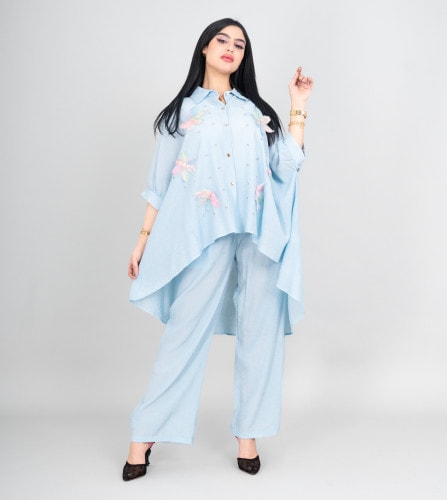 Modern Two-Piece Outfit Oversize Shirt and Pants Crystal Embroidery Details IK477 Blue