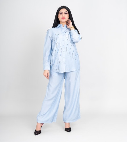 Modern Two-Piece Outfit Shirt and Pants Wavy Crystal Details IK474 Blue