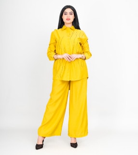 Modern Two-Piece Outfit Shirt and Pants Wavy Crystal Details IK474 Yellow image