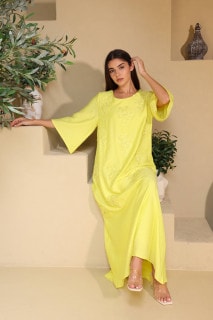 Applique Flowers Crystal Details Jalabiya IK6027 Yellow image