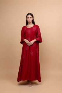 Applique Flowers Crystal Details Jalabiya IK6027 Red image