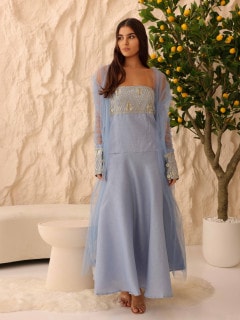 Elegant 2 Piece Outfit Luxury Sheer Sleeves Sequins Details IN9149 Blue image