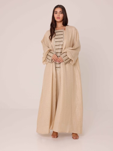 2 Piece Outfit Luxury Sequins Stripes Details IN9151 Beige