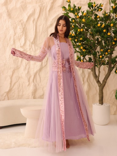 2 Piece Outfit Luxury Sequins Tulle Sleeves IN9158 Pink