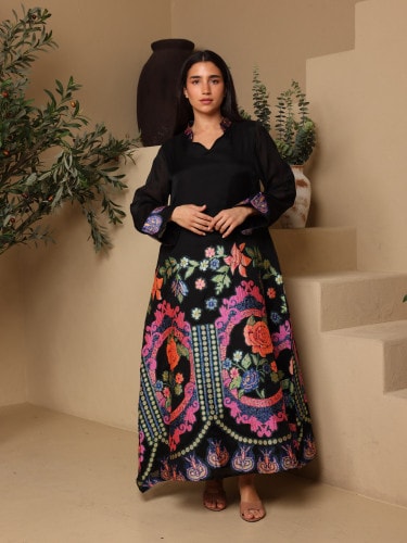 IKKXA Elegant V-Neck Printed Jalabiya IK6042 Black