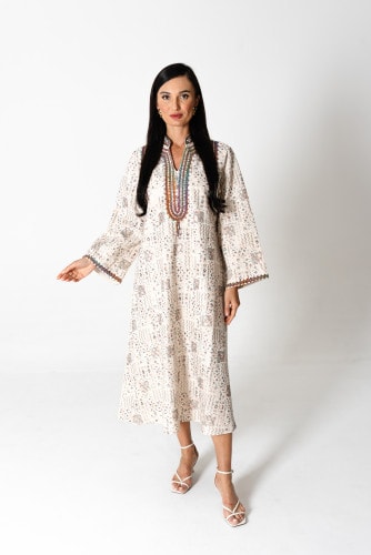 Elegant Embroidered Linen Jalabiya IK1023Beige2