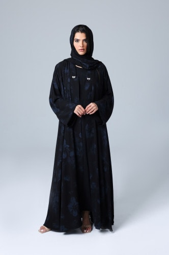Open Blazer Neck Blue Prints Abaya ABY1169