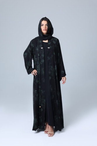 Open Front Green Flower Prints Abaya ABY1173
