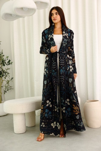 Dark Floral Printed Open Belted Freesize Abaya IKA010